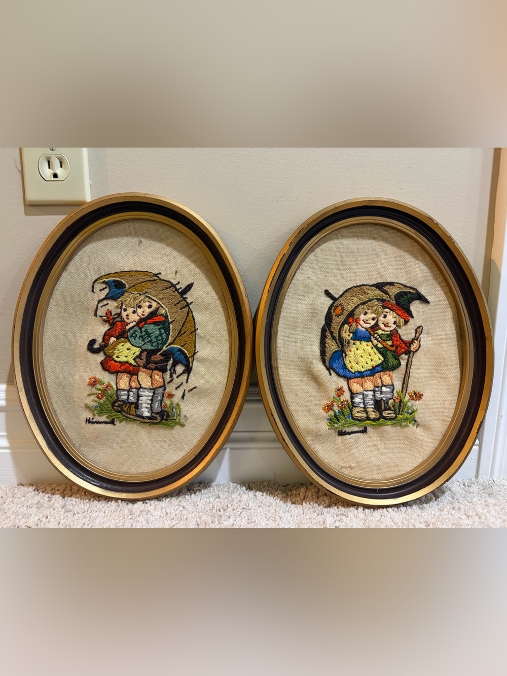 Vintage Embroidered Children Pair Oval Wall Art - Yellow, Blue, Green